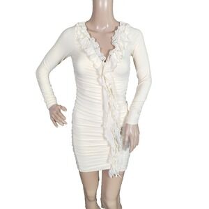 Oh Polly Dress Womens Size 2 Beige Ruffle Front V-Neck Bodycon Mini Clubwear‎